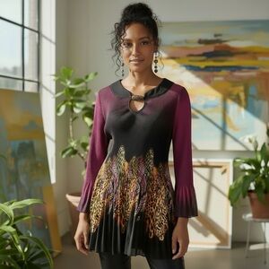 NICOLA Pink and Black Tunic with Mixed Plaid and Animal Print Accent Size M